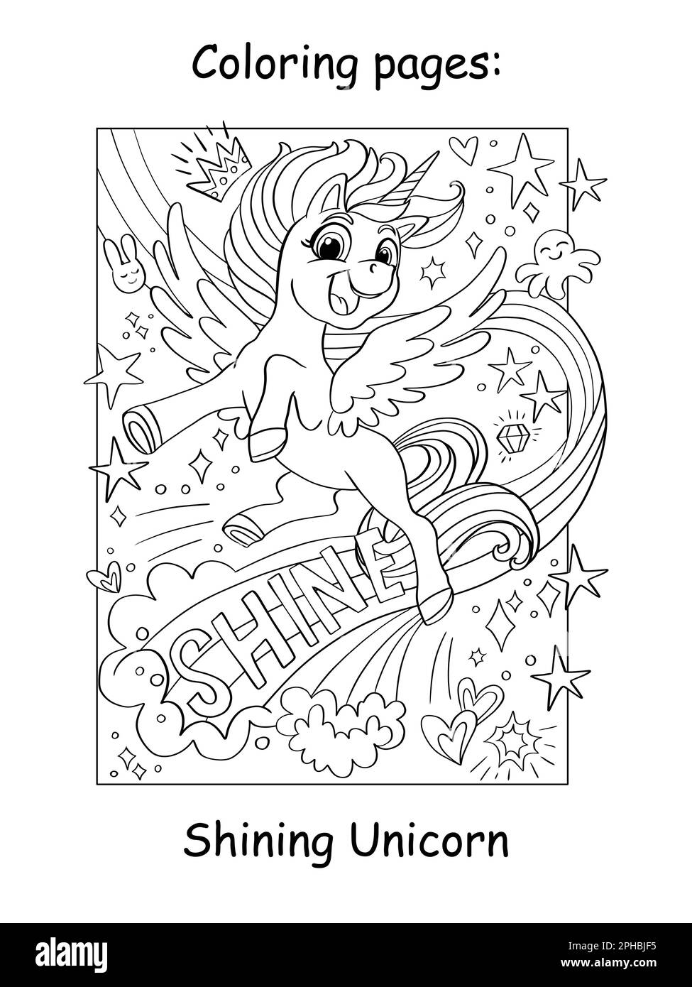 Bella ragazza unicorno carina con ali e lettere brillano. Illustrazione del vettore cartoon. Pagina libro da colorare per bambini con modello colore. Per la colorazione, ed Illustrazione Vettoriale