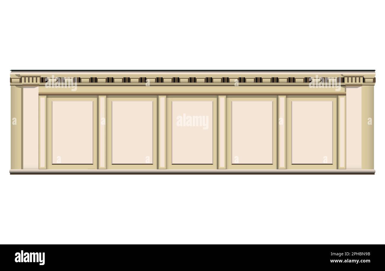 Parete e colonna in marmo beige in stile realistico. Facciata di un vecchio edificio. Illustrazione vettoriale colorata isolata su sfondo bianco. Illustrazione Vettoriale