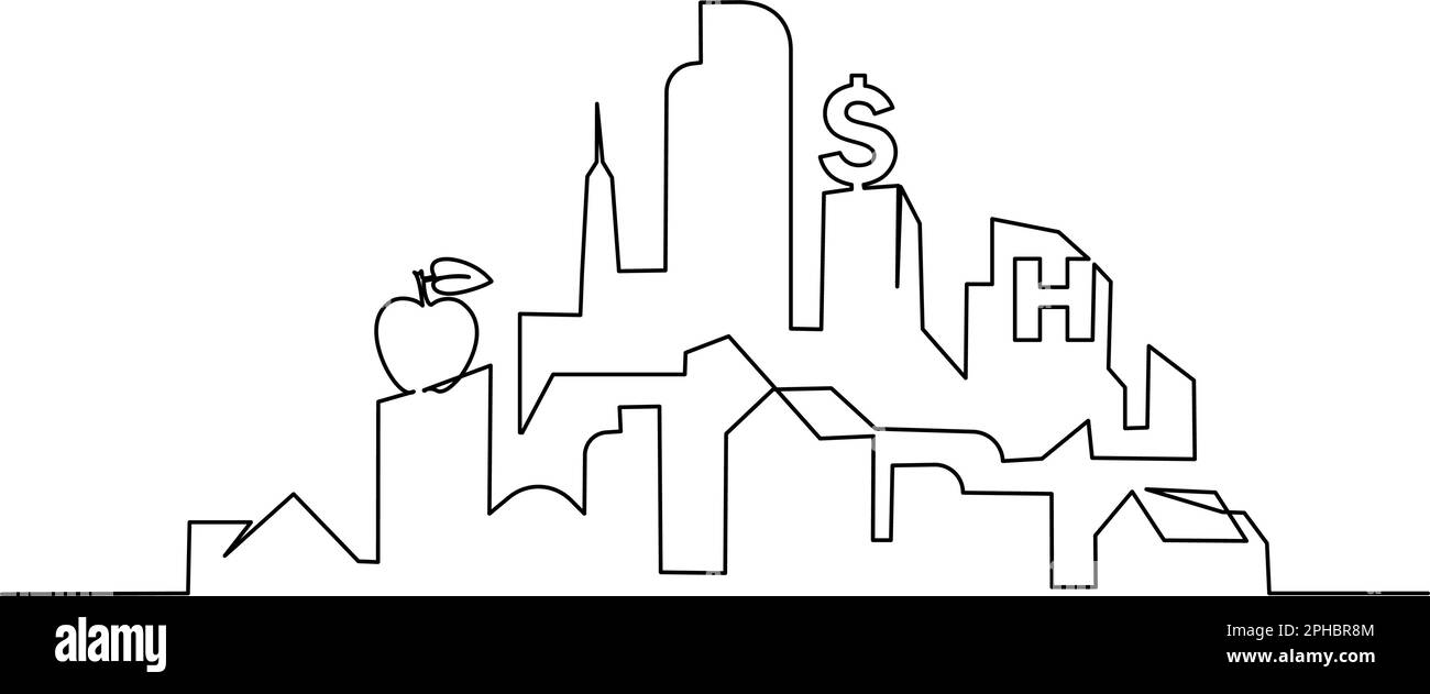 Panorama della città moderna con i segni di Apple Food, Dollar Bank, ospedale H. Disegno continuo di una linea. Illustrazione del contorno dei grattacieli. Paesaggio cittadino Illustrazione Vettoriale