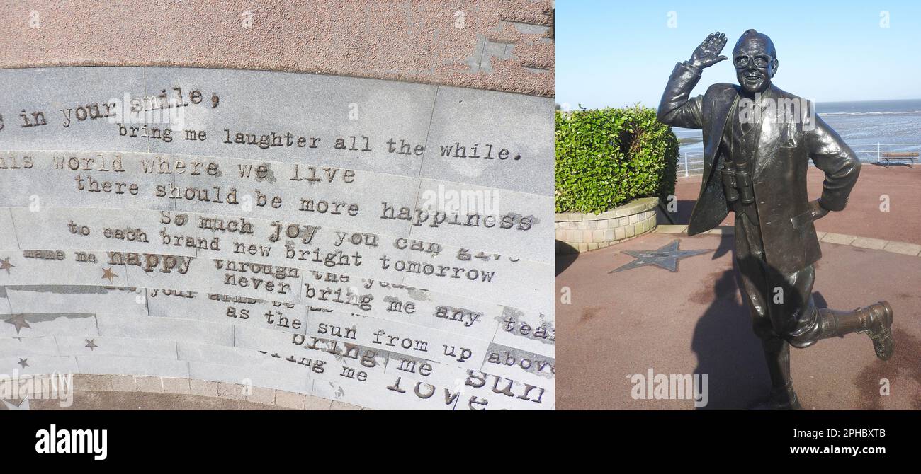 La statua di Eric Morecombe (Eric Bartolomeo. 1926–1984) della prima commedia due Morecambe e Wise. Si trova sul lungomare di Morecambe, Lancashire, Regno Unito, in cima a una serie di gradini incisi con le parole della firma delle coppie "Be me Sunshine" incise in un carattere stile macchina da scrivere. Fu scolpita da Graham Ibbeson e fu svelata dalla defunta regina Elisabetta II nel luglio 1999. Si trova non lontano dalla famosa torre dell'orologio 1905 Torre dell'orologio. Progettato da Cressey e Keighley costruito in mattoni rossi con bande e medicazioni in arenaria. Foto Stock