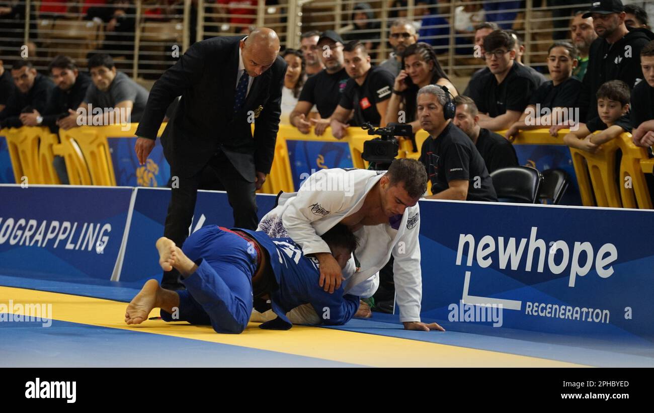 ORLANDO, FLORIDA - Marzo 26: Marcio Andre da Costa Barbosa Jr. (Nova Uniao Internacional) def. Fabricio Andrey (Melqui Galvao Jiu-Jitsu) via vantaggi (2-1) durante IBJJF PAN AMS 2023 Finals all'Osceola Heritage Park. (Foto di Marcelo Woo/PxImages) Foto Stock