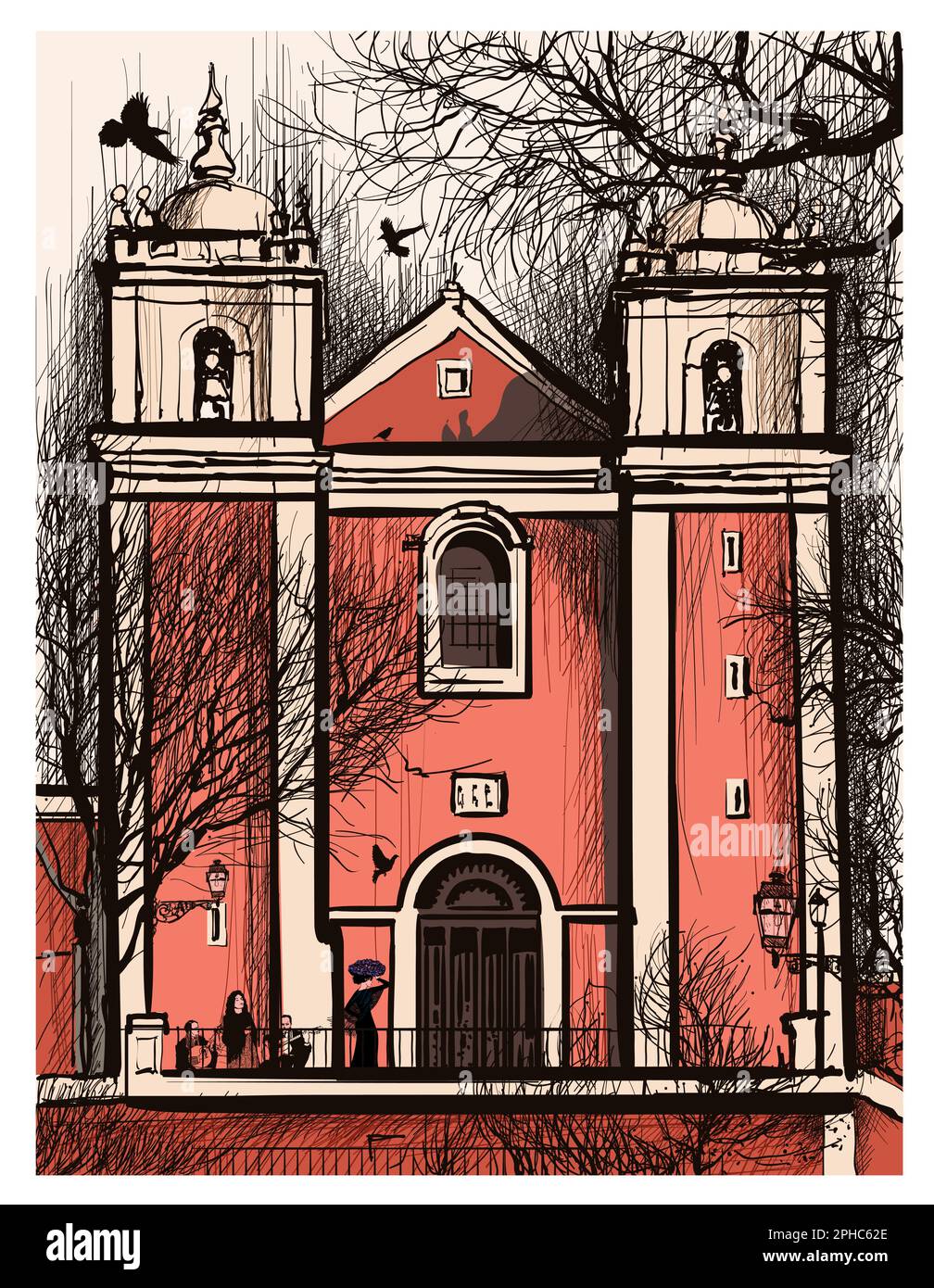 Rappresentazione originale e colorata della Chiesa Santos-o-Velho, a Lisbona, Portogallo - illustrazione vettoriale (ideale per la stampa, poster o carta da parati, hou Illustrazione Vettoriale
