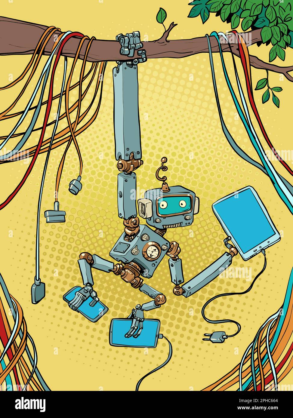 Una scimmia robot è sospesa su un ramo dell'albero mentre è circondata da una grande quantità di tecnologia. Sintesi dello sviluppo tecnologico e dell'agenda ambientale. Illustrazione Vettoriale