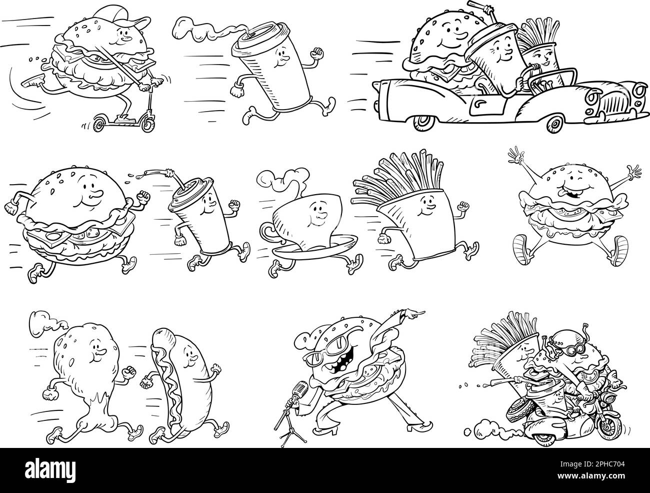 Set collezione di prodotti fast food Street o Road ristorante. Hamburger Fries bere cola coscia di pollo hot dog tazza di caffè Illustrazione Vettoriale