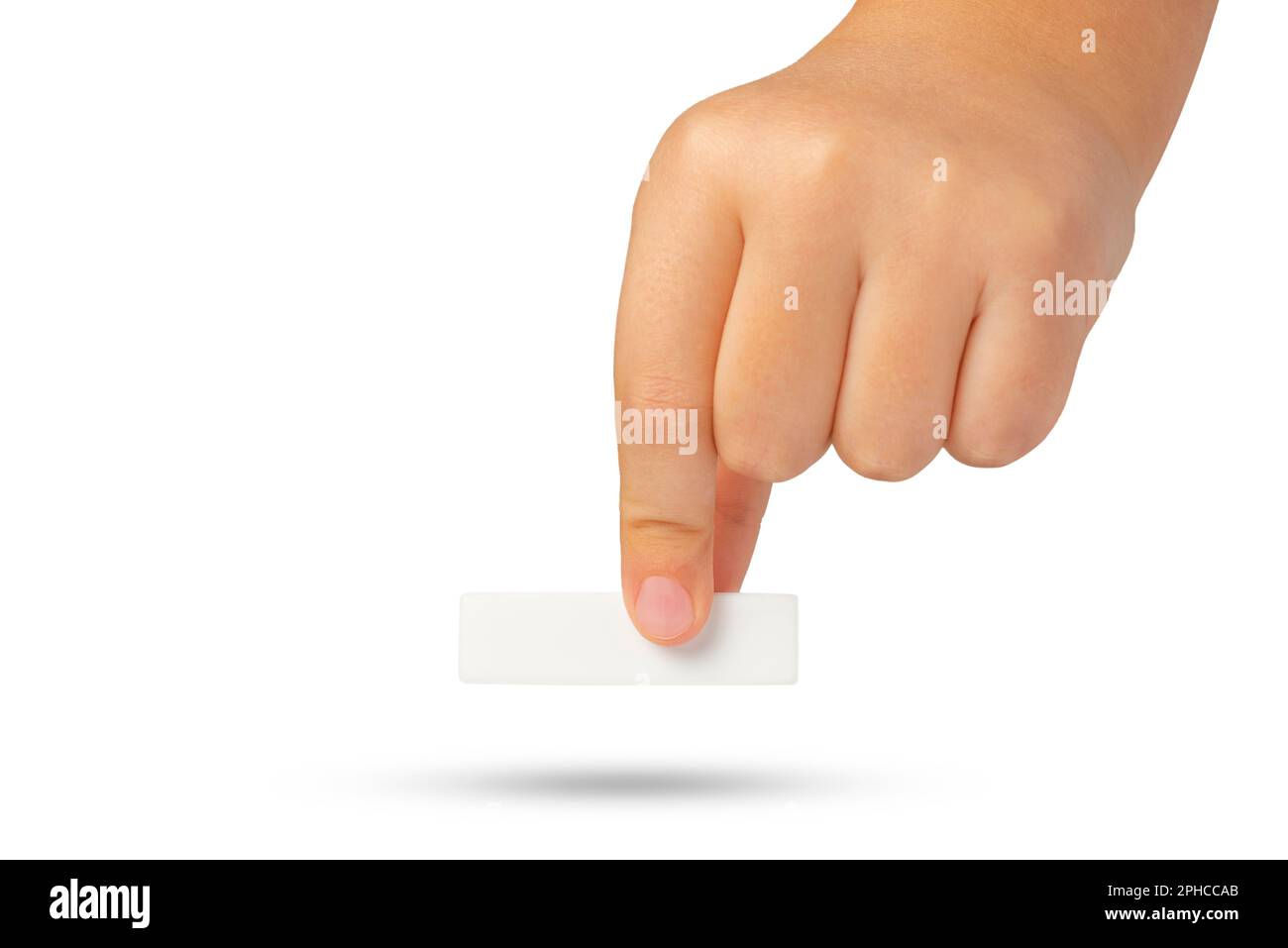 Simbolo meno bianco in mano. Simbolo matematico bianco meno in mano su sfondo isolato bianco. Foto Stock