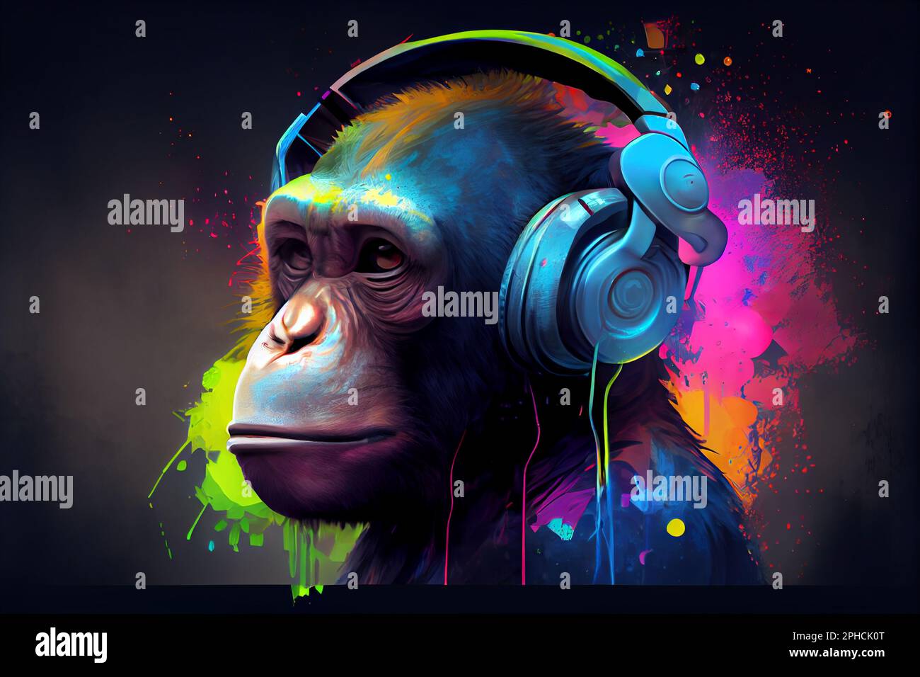 Divertente scimmia indossando grandi cuffie retrò con colori al neon Foto  stock - Alamy