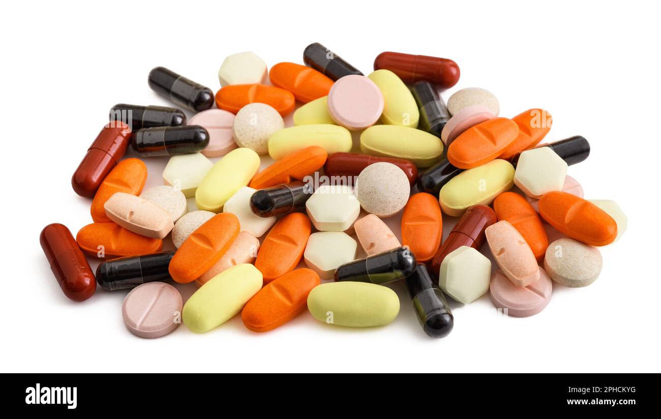 gruppo di vari medicinali colorati isolati su bianco Foto Stock
