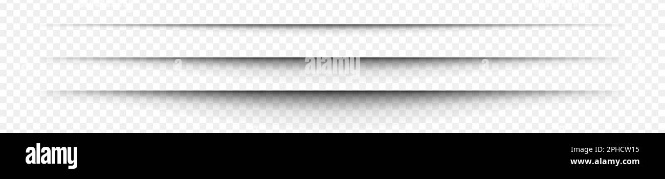 Effetti di ombreggiatura della carta. Bordi sfocati del foglio di lavoro del notebook, della pagina del libro, della scheda, del volantino, dello striscione, poster. Linee di divisione orizzontali isolate su sfondo trasparente. Illustrazione vettoriale Illustrazione Vettoriale