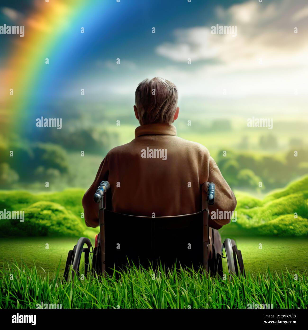 Un'immagine metaforica di un anziano da dietro in una sedia a rotelle che guarda un mondo idilliaco con serenità Foto Stock