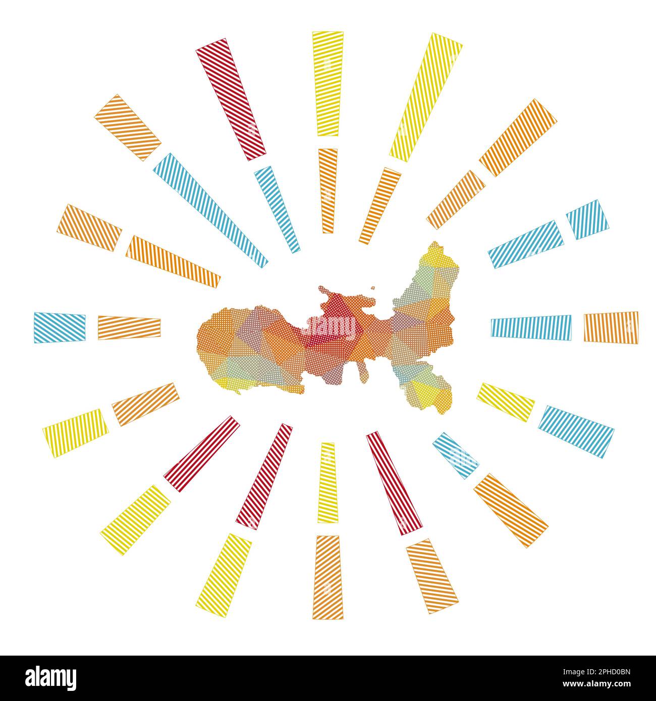 L'Elba è scoppiata al sole. Basse razze a strisce di polietilene e mappa dell'isola. Illustrazione vettoriale di classe. Illustrazione Vettoriale