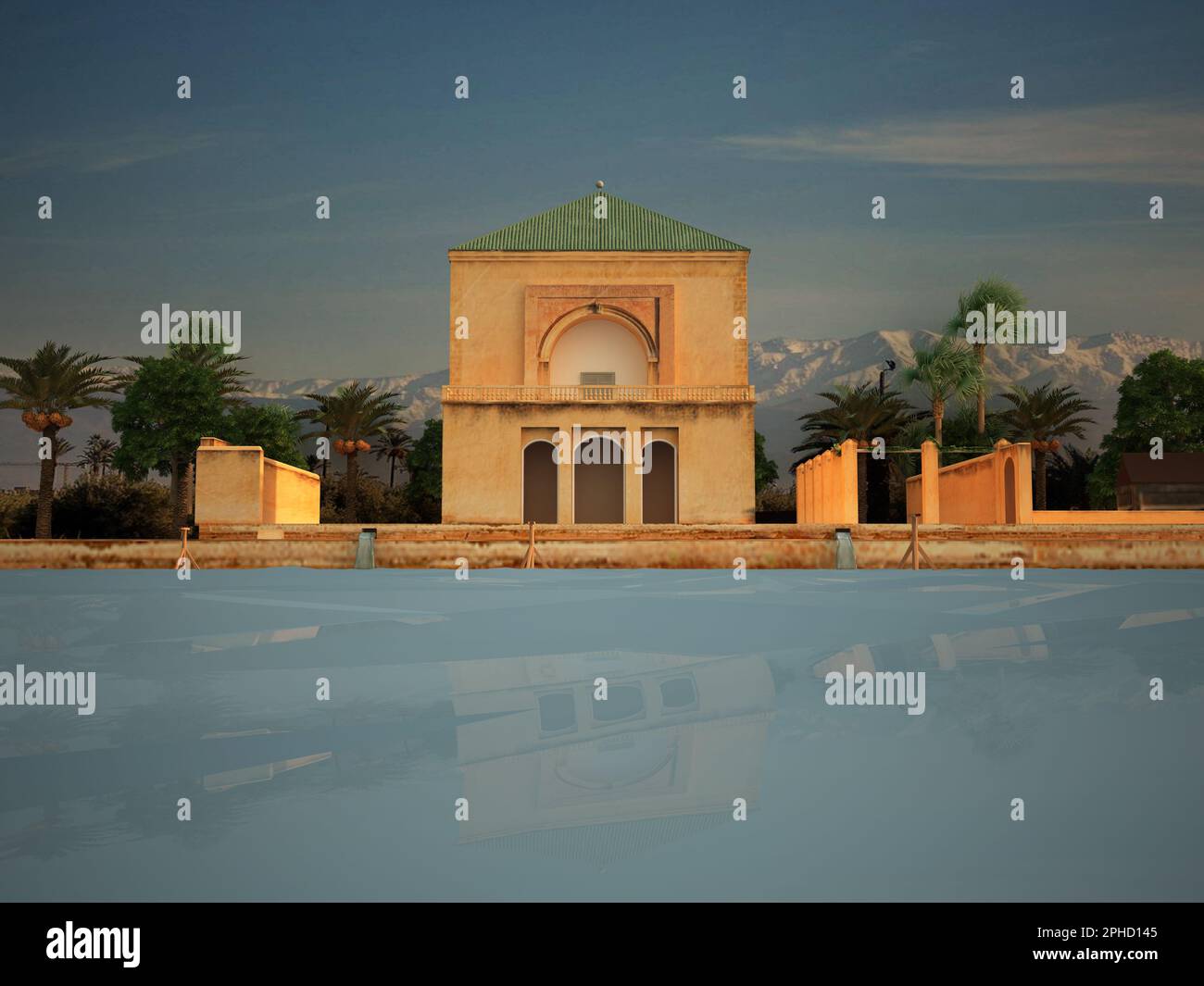 Padiglione Saadiano, giardini Menara, e Atlante a Marrakech, monumento Menara, Marocco, Africa vista frontale sul lago di riflessione acqua. 3d illustrat di rendering Foto Stock