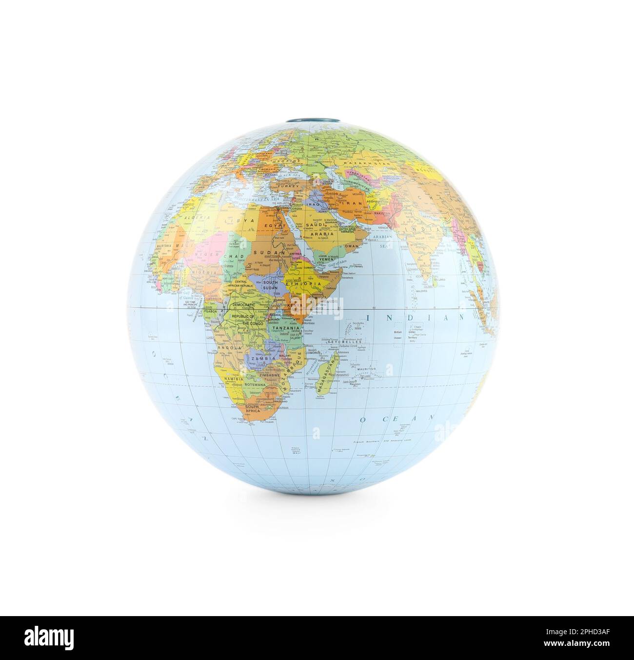 Modello plastico globo di terra isolato su bianco. Lezione di geografia Foto Stock