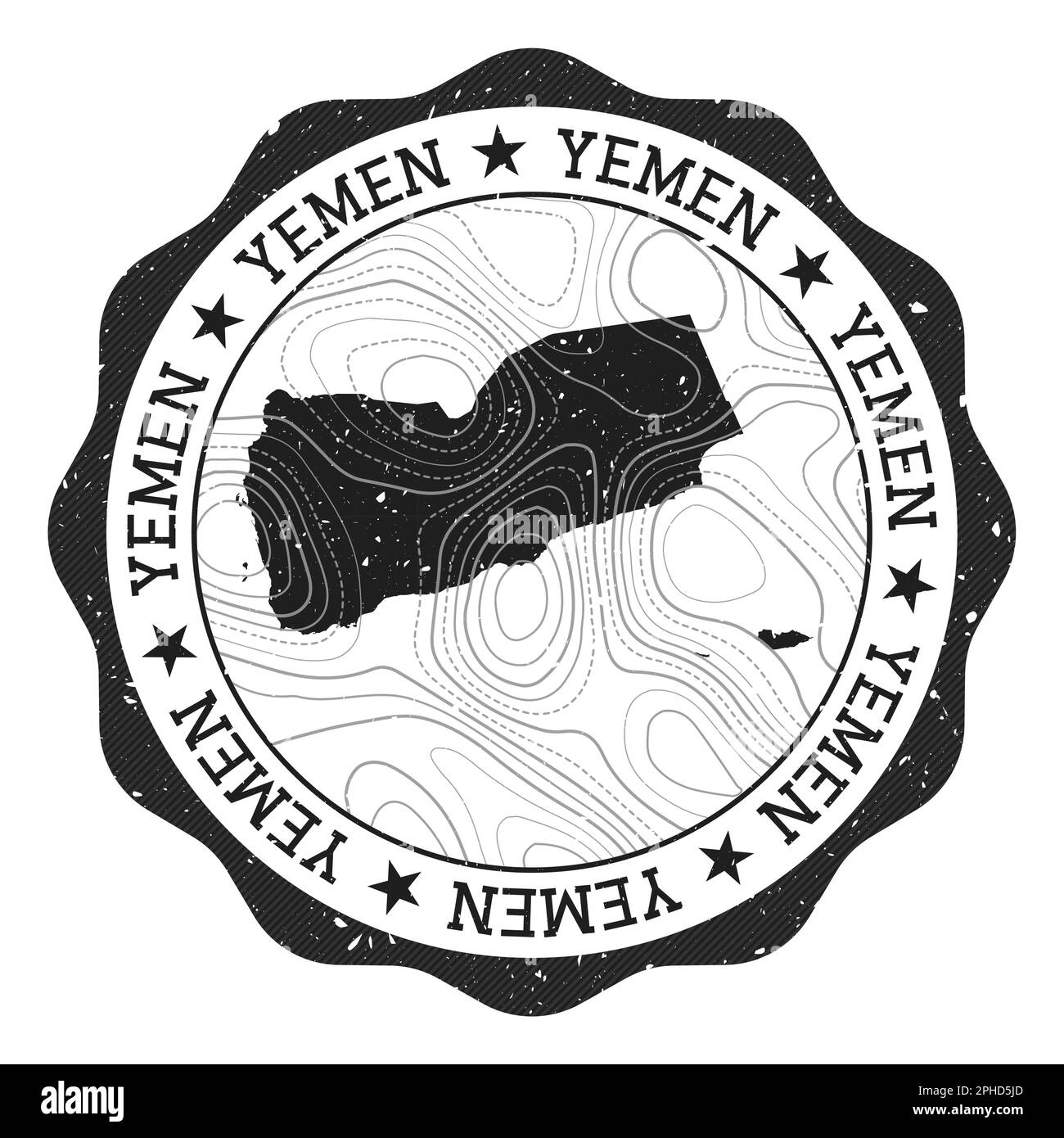 Francobollo all'aperto dello Yemen. Adesivo rotondo con mappa del paese con isoline topografiche. Illustrazione vettoriale. Illustrazione Vettoriale
