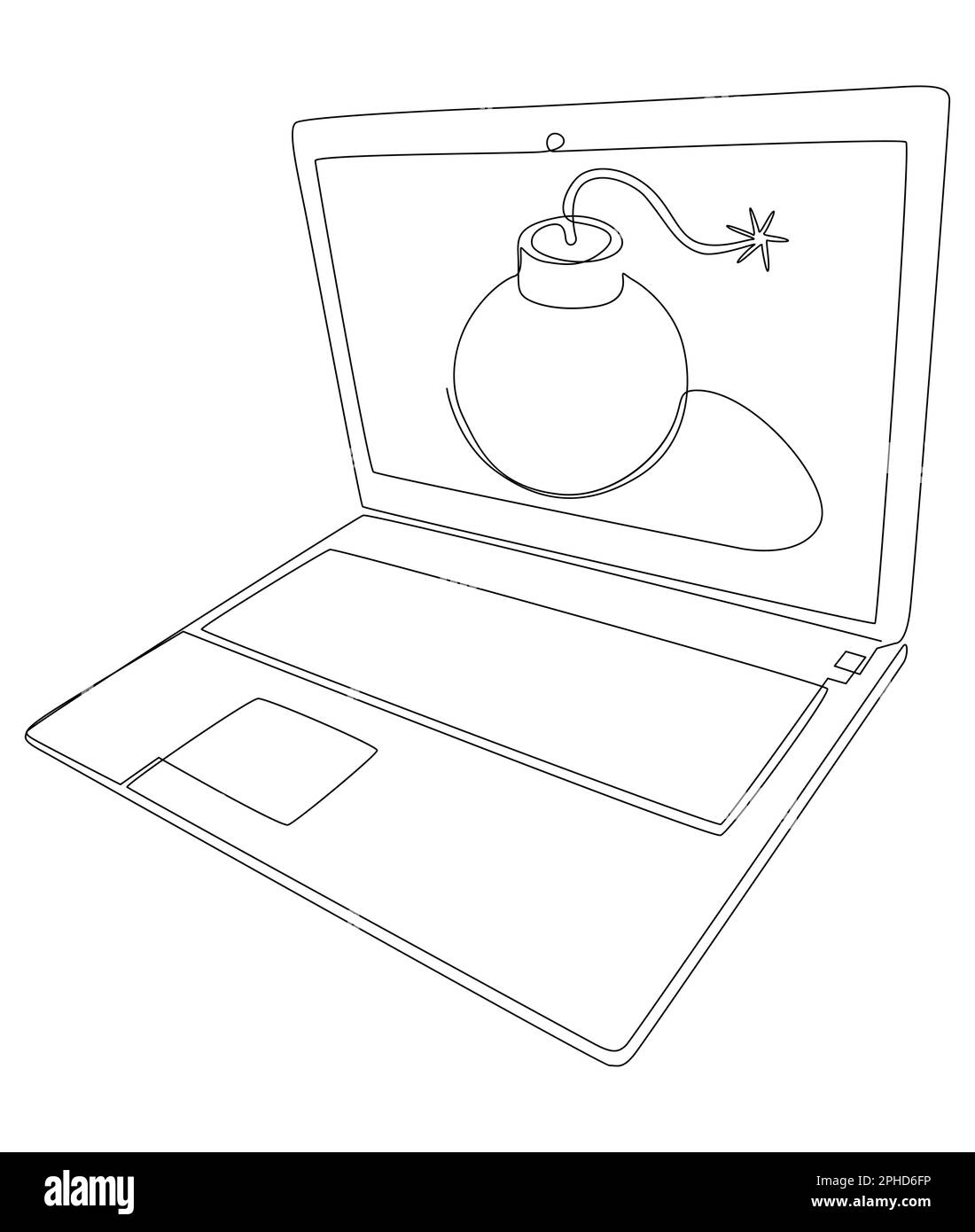 Una linea continua di laptop con laptop con bombardiere. Concetto di vettore di illustrazione a linea sottile. Disegno di contorno idee creative. Illustrazione Vettoriale