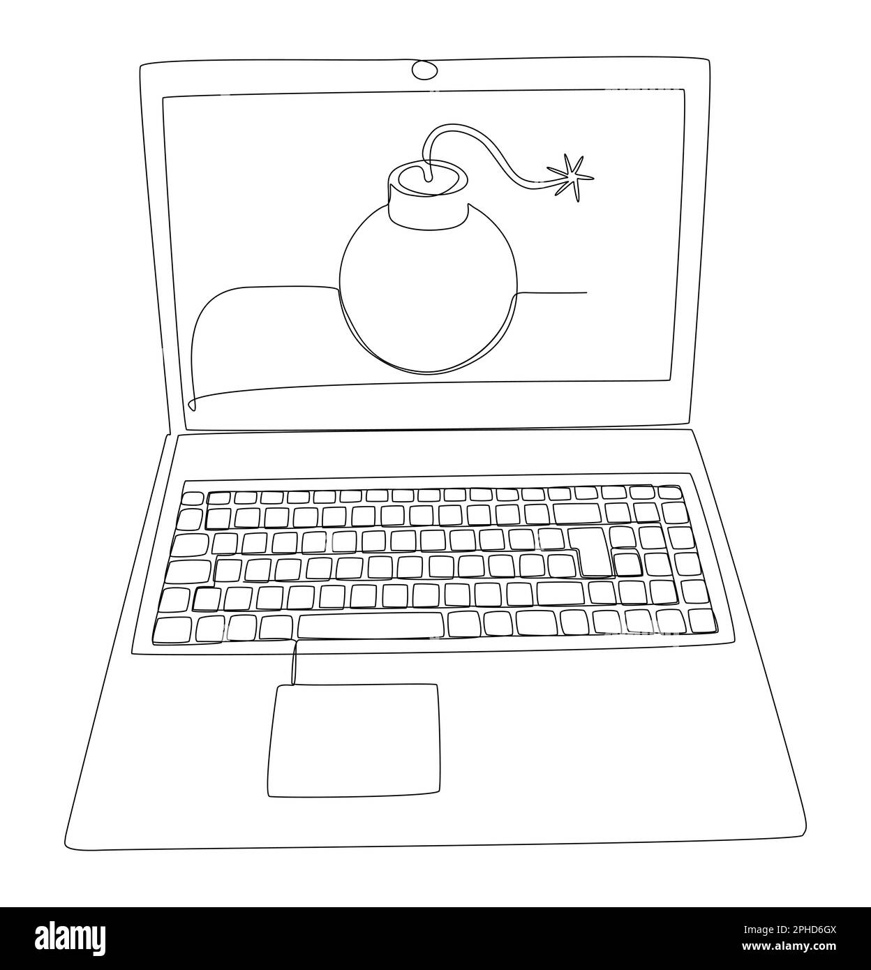 Una linea continua di laptop con laptop con bombardiere. Concetto di vettore di illustrazione a linea sottile. Disegno di contorno idee creative. Illustrazione Vettoriale