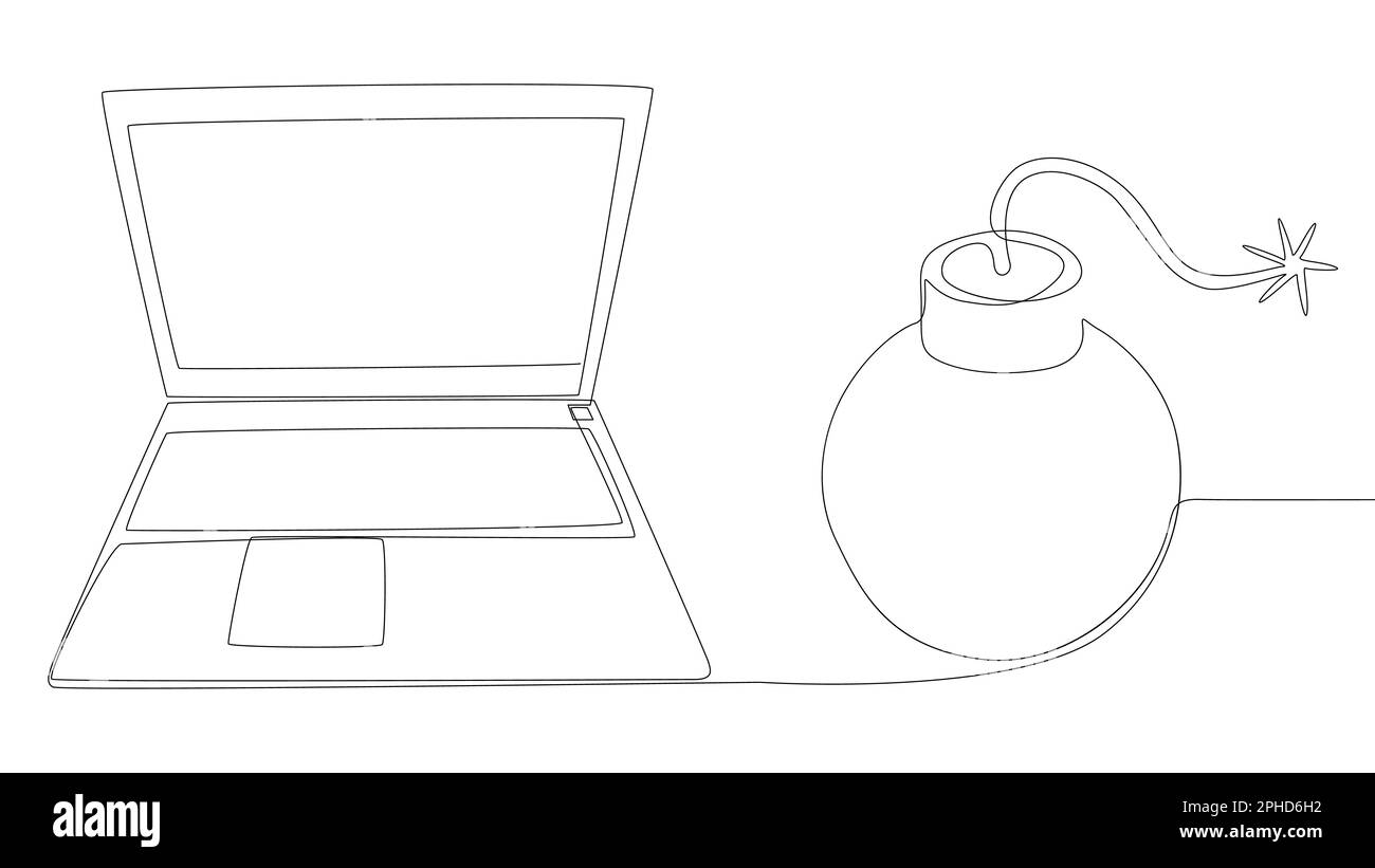 Una linea continua di laptop con laptop con bombardiere. Concetto di vettore di illustrazione a linea sottile. Disegno di contorno idee creative. Illustrazione Vettoriale