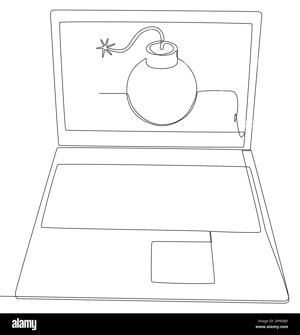 Una linea continua di laptop con laptop con bombardiere. Concetto di vettore di illustrazione a linea sottile. Disegno di contorno idee creative. Illustrazione Vettoriale