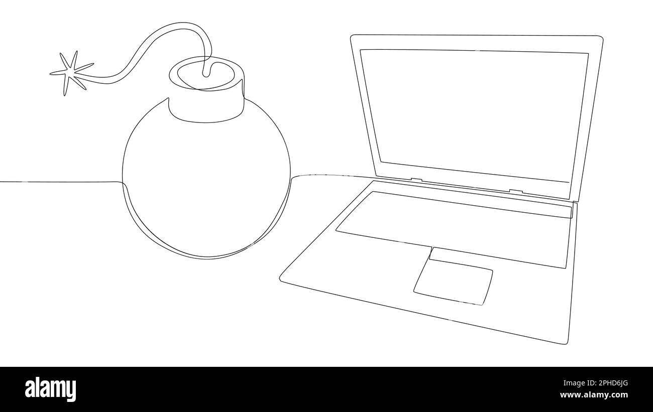 Una linea continua di laptop con laptop con bombardiere. Concetto di vettore di illustrazione a linea sottile. Disegno di contorno idee creative. Illustrazione Vettoriale