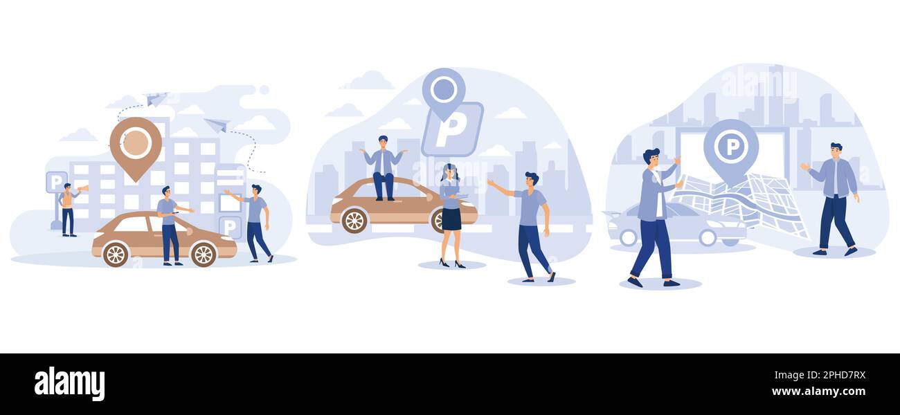 Auto nel parcheggio. Parcheggio pubblico. Trasporto urbano. Cartello stradale. Persone piccole che cercano un parcheggio, parcheggiare l'automobile. impostare piatto vettore moderno illus Illustrazione Vettoriale