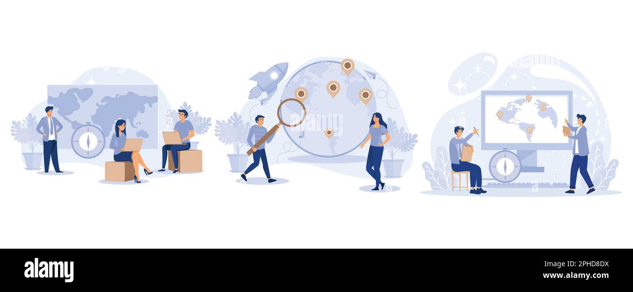 Concetto geografico. Mappa del mondo. Globalizzazione. Le persone più piccole studiano atlas Earth. imposta disegno vettoriale piatto moderno Illustrazione Vettoriale