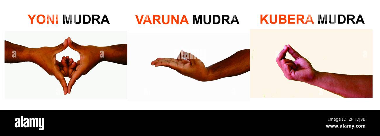 set manuale di 3 mudra. Include mudra, Yoni Mudra, Varuna Mudra, Kubera Mudra. I gesti sono isolati su sfondo bianco. Foto Stock