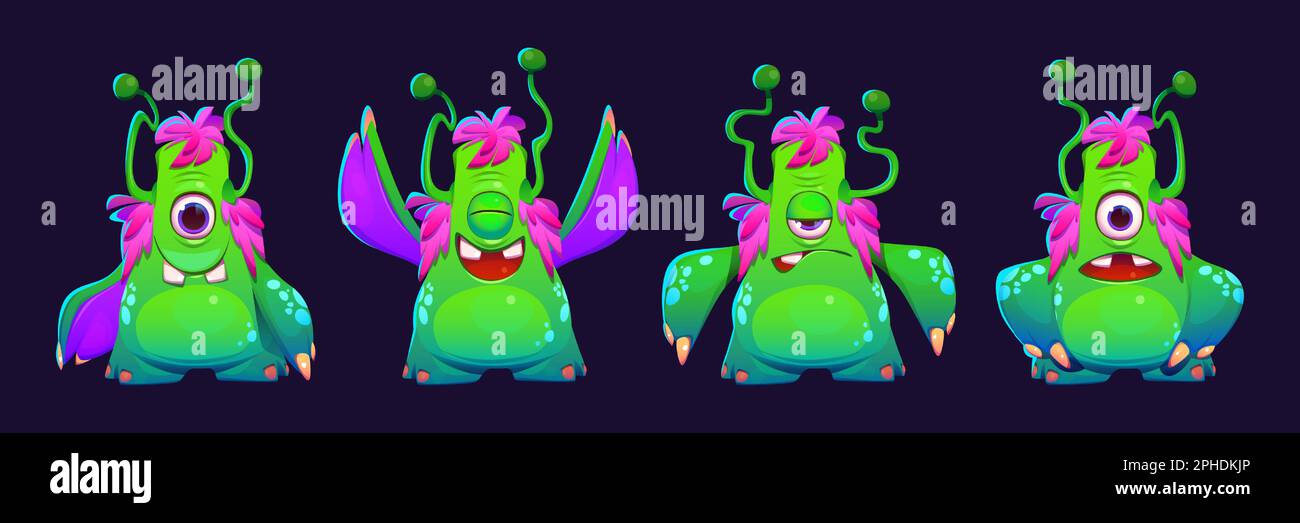 Green Cyclope Monster emozioni set. Illustrazione vettoriale dei cartoni animati di una creatura aliena di colore neon con antenne sulla testa e buffa pancia isolata su sfondo nero. Faccia felice, ridente, arrabbiata, spaventata Illustrazione Vettoriale