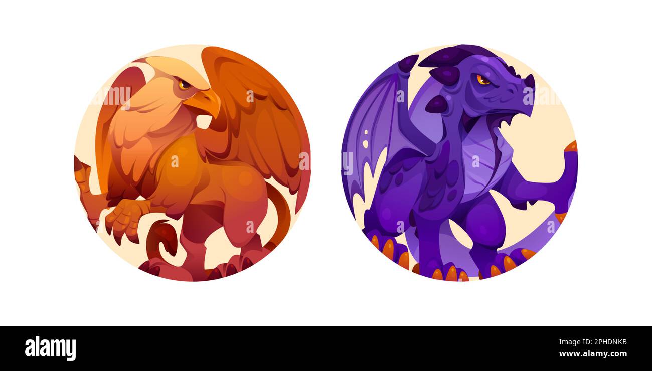 Set di icone vettoriali per cartoni animati di Griffin e drago. Illustrazione del personaggio di Gryphon Beast su sfondo rotondo. Animale fantasy medievale con artiglio per profilo avatar. Collezione clipart creatura mitica Illustrazione Vettoriale