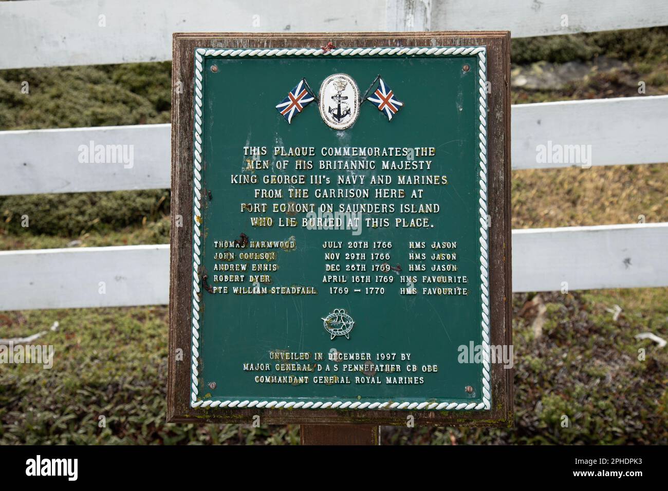 Isola di Saunders, Isole Falkland. Il sito del primo insediamento britannico a Port Egmont, risalente al 1765. Foto Stock