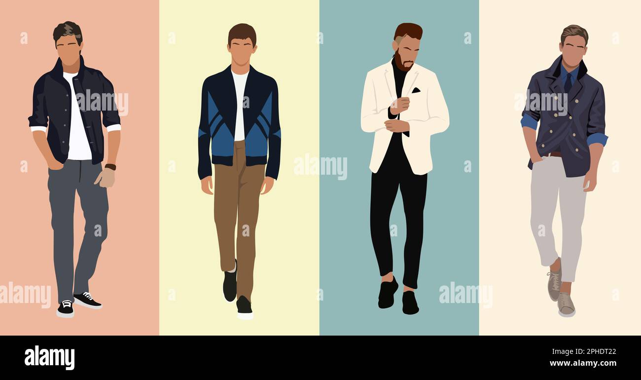 Set di uomini di moda in abiti moderni e alla moda. Illustrazione Vettoriale