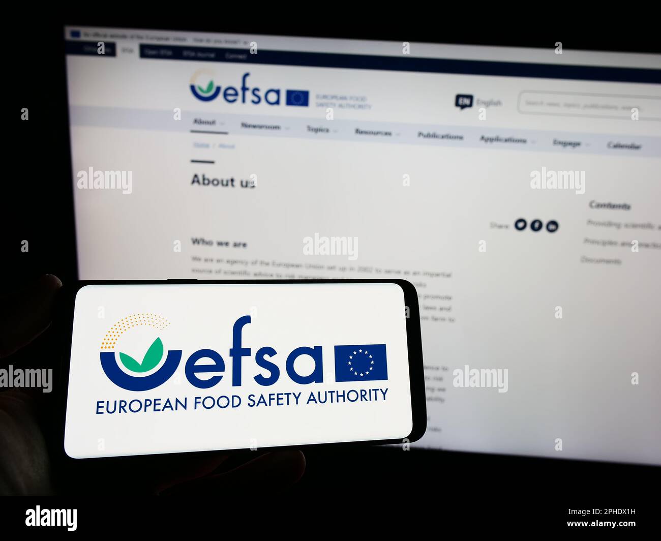 Persona che tiene uno smartphone con il logo dell'Agenzia europea per la sicurezza alimentare (EFSA) sullo schermo di fronte al sito Web. Messa a fuoco sul display del telefono. Foto Stock