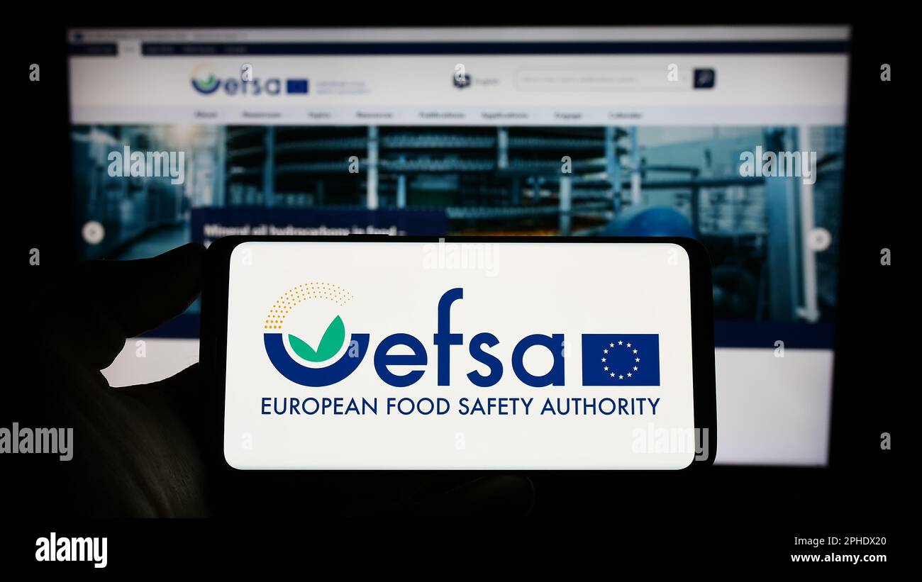 Persona che tiene il cellulare con il logo dell'Agenzia europea per la sicurezza alimentare (EFSA) sullo schermo davanti alla pagina web. Messa a fuoco sul display del telefono. Foto Stock