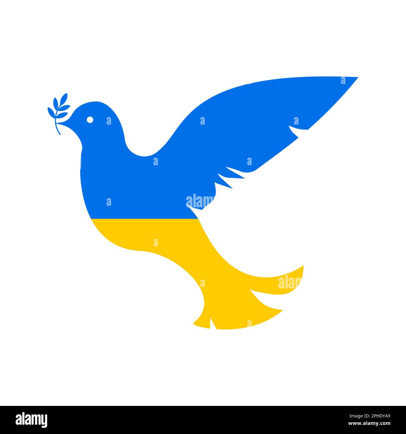 Colomba con ramo a colori della bandiera nazionale Ucraina su sfondo bianco, illustrazione Foto Stock