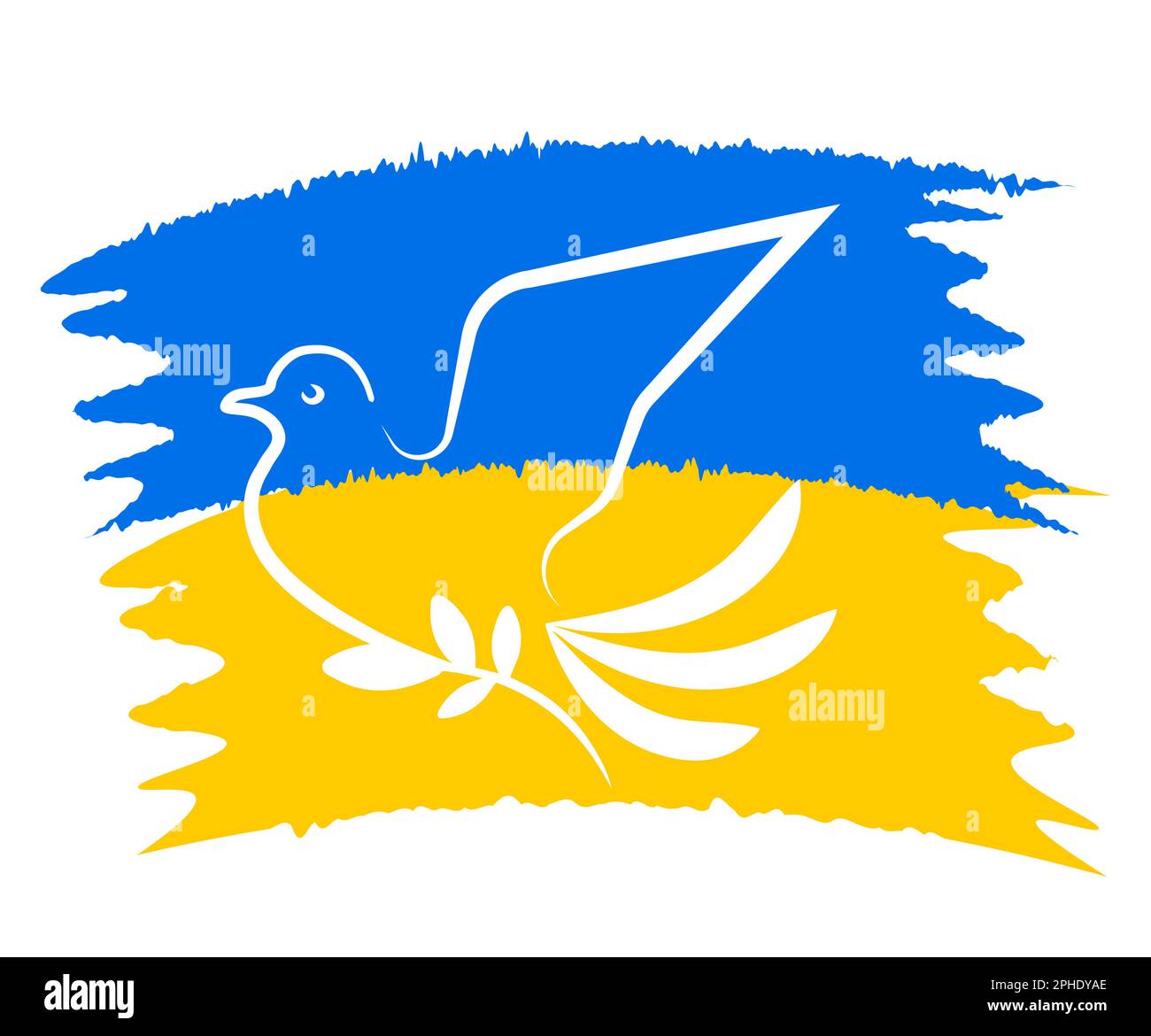 Colomba con ramo e bandiera nazionale Ucraina su sfondo bianco, illustrazione Foto Stock