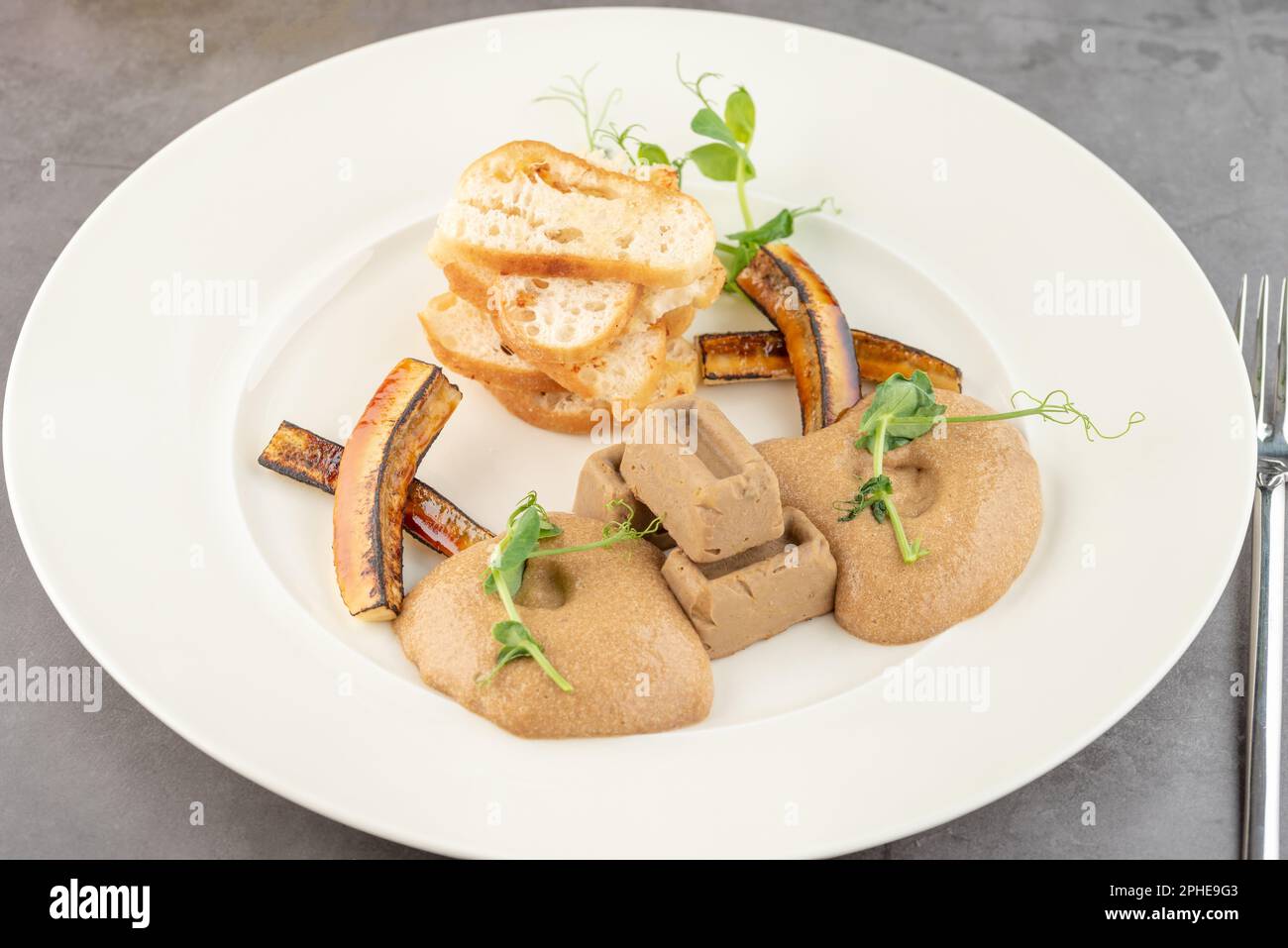 Foie gras con salsa e pane croccante su un piatto di porcellana bianca Foto Stock