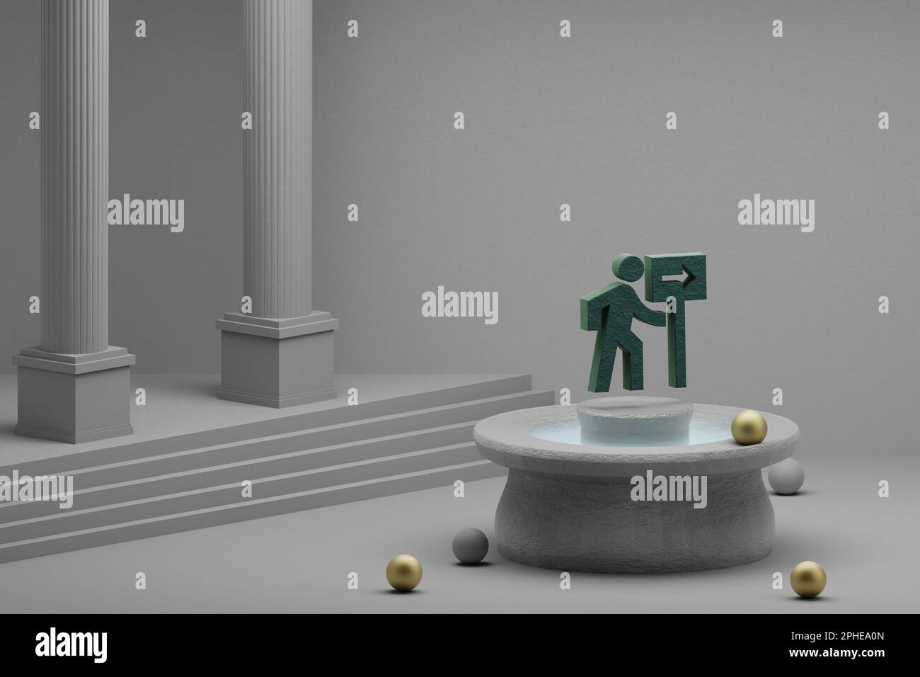 Belle illustrazioni astratte verde seguire i segni simbolo icona su una fontana e sfondo colonna. illustrazione del rendering 3d. Foto Stock