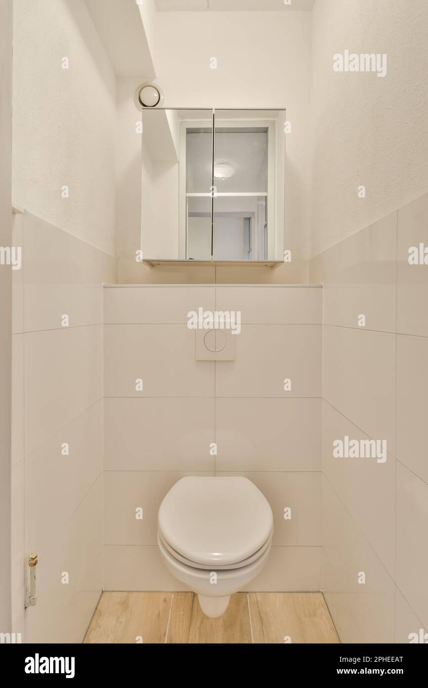 Design interno di bagni illuminanti di bagno moderno arredato con pareti piastrellate bianco ceramica wc ciotola e armadio per assorbenti igienici Foto Stock