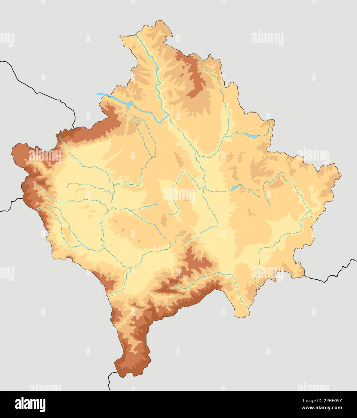 Mappa fisica del Kosovo molto dettagliata. Illustrazione Vettoriale