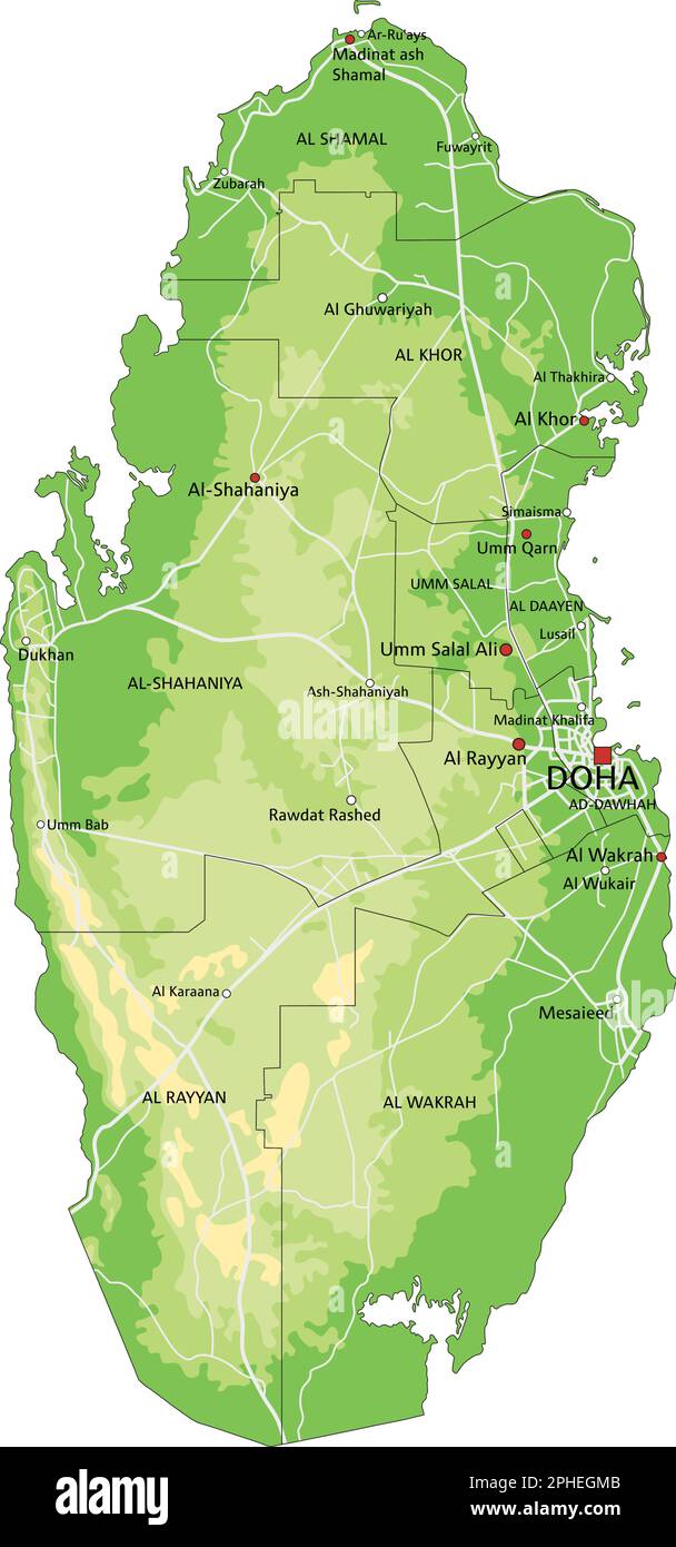 Mappa fisica del Qatar estremamente dettagliata con etichettatura. Illustrazione Vettoriale