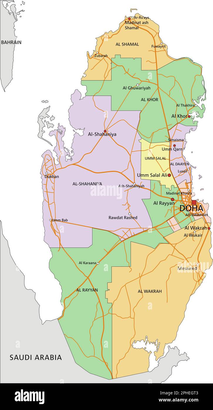 Qatar - Mappa politica modificabile molto dettagliata con etichettatura. Illustrazione Vettoriale