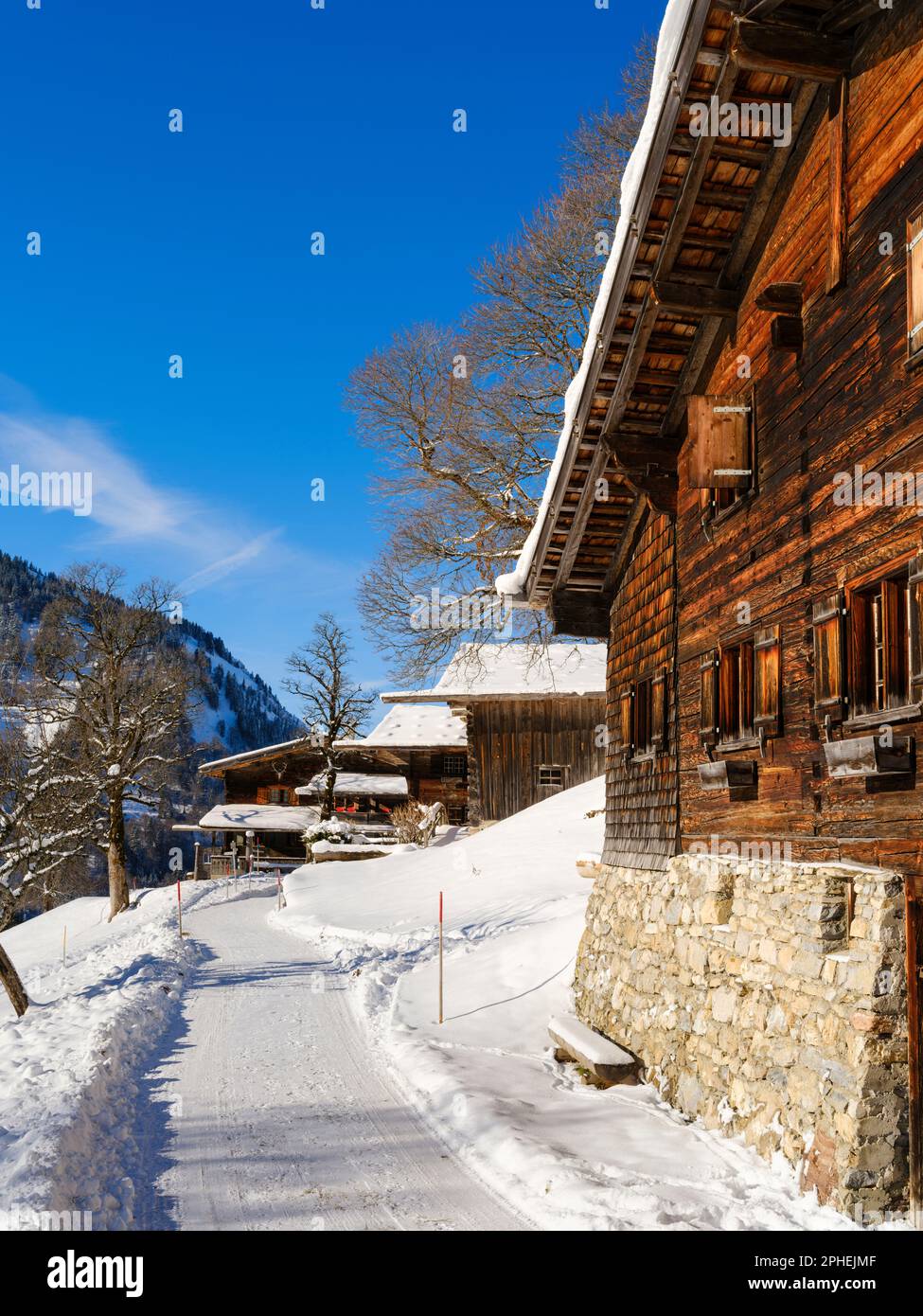 Villaggio Gerstruben una collezione di vecchie case coloniche risalente al 15. e 16. secolo. Le Alpi Allgaeu (Allgaeuer Alpen) vicino Oberstdorf d Foto Stock
