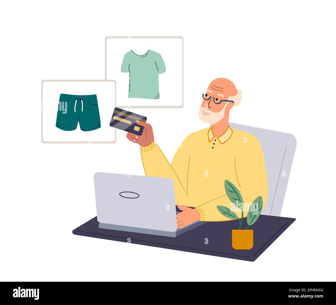 Uomo anziano pensionato shopping online su internet su computer.Senior maschio acquistare, ordinare, pagare per l'acquisto con carta di credito in online store.Flat Foto Stock