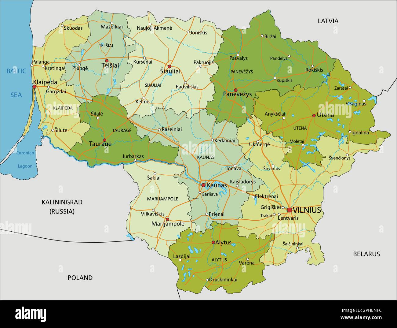 Mappa politica modificabile estremamente dettagliata con livelli separati. Lituania. Illustrazione Vettoriale