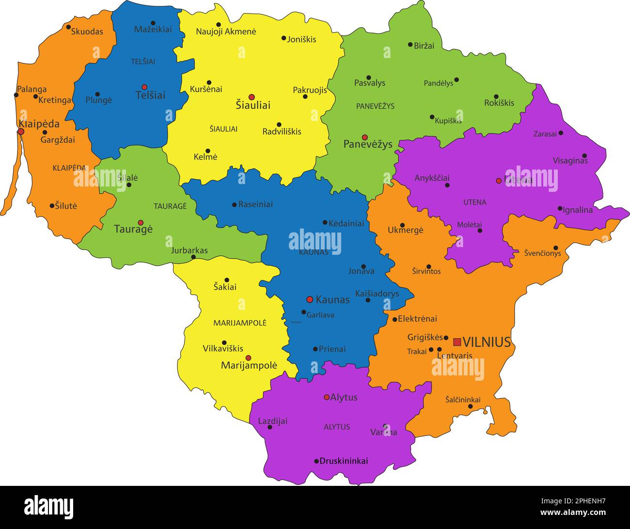 Mappa politica lituana colorata con strati separati e chiaramente etichettati. Illustrazione vettoriale. Illustrazione Vettoriale