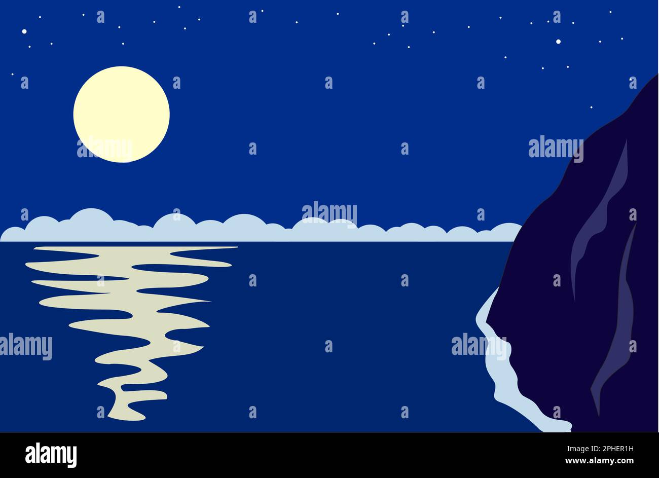 Mare notturno con luna piena e costa rocciosa. Sfondo vettoriale Illustrazione Vettoriale