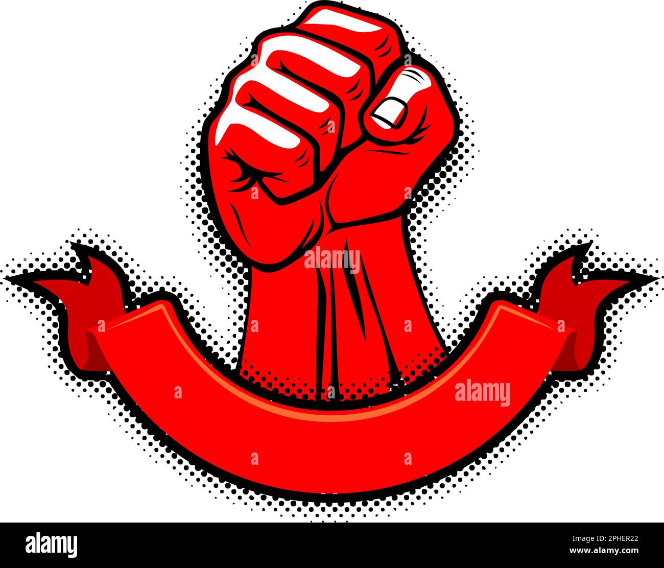 Pugno clenched rialzato con nastro rosso per il tuo testo. Elemento di disegno vettoriale in stile retrò su sfondo trasparente Illustrazione Vettoriale