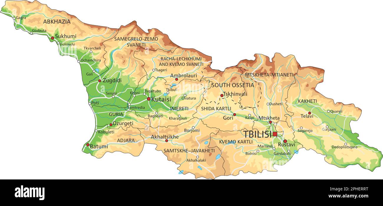 Mappa fisica della Georgia estremamente dettagliata con etichettatura. Illustrazione Vettoriale