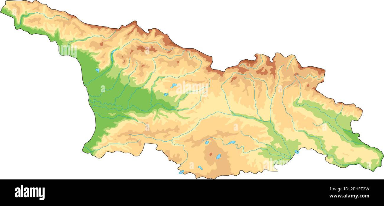 Mappa fisica della Georgia estremamente dettagliata. Illustrazione Vettoriale