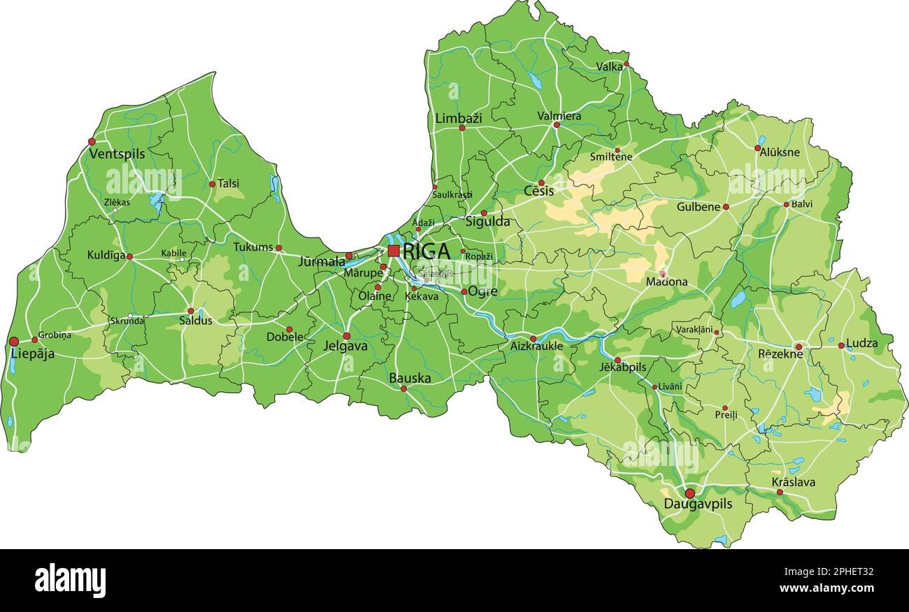 Mappa fisica della Lettonia estremamente dettagliata con etichettatura. Illustrazione Vettoriale
