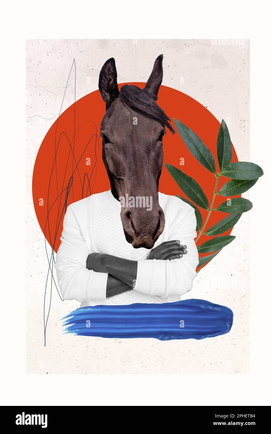 Foto modello verticale collage inserzione di cavallo senza testa braccia incrociate animale selvaggio workaholic faccia seria isolato su sfondo beige Foto Stock
