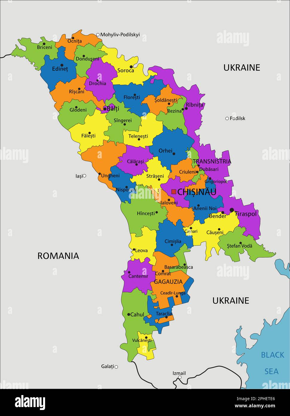 Mappa politica della Moldova colorata con strati separati e chiaramente etichettati. Illustrazione vettoriale. Illustrazione Vettoriale